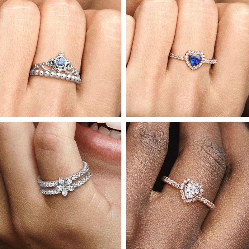 925 Sterling Silver Ring Sparkling Blue Heart Crown Snowflake Ring for Women Original 925 Silver Rings Brand Jewelry Joyas
