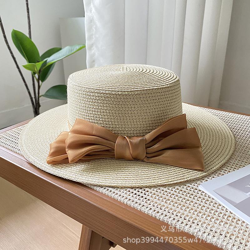 Hat Women's New Spring and Summer Straw Bow Straw Hat Versatile Flat Top Sunscreen Sun Hat Tide