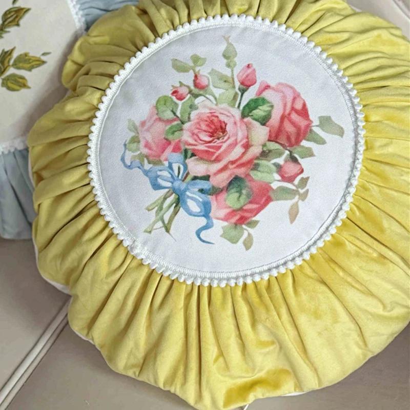 Retro Rose Pillowcase Cushion Pumpkin Cushion Cover Velvet Round Pillow Case Futon Sofa Car Decor Solid Color Lace Cushion Cover