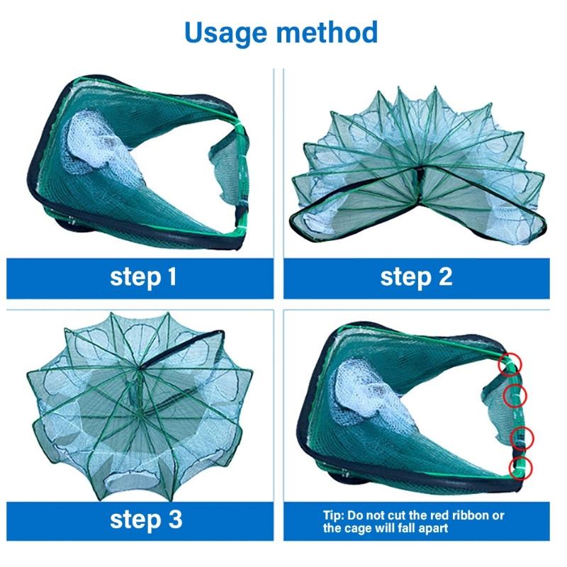 Fishing Shrimp Cage Baits Mesh Net Foldable Fish Trap Cage 6/8 Hole Folding Fishing Net Automatic Fishing Trap Net