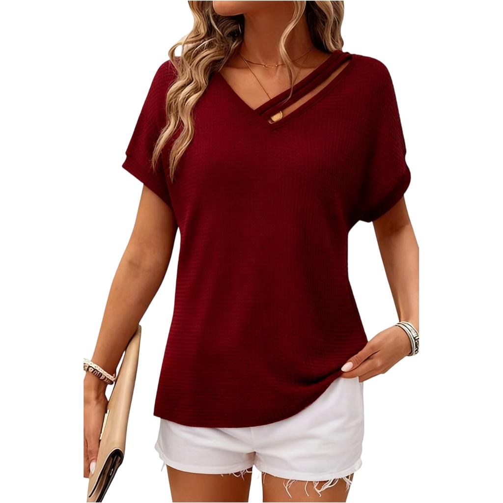 Women's Asymmetrical Short Sleeved Collar Shirt Top