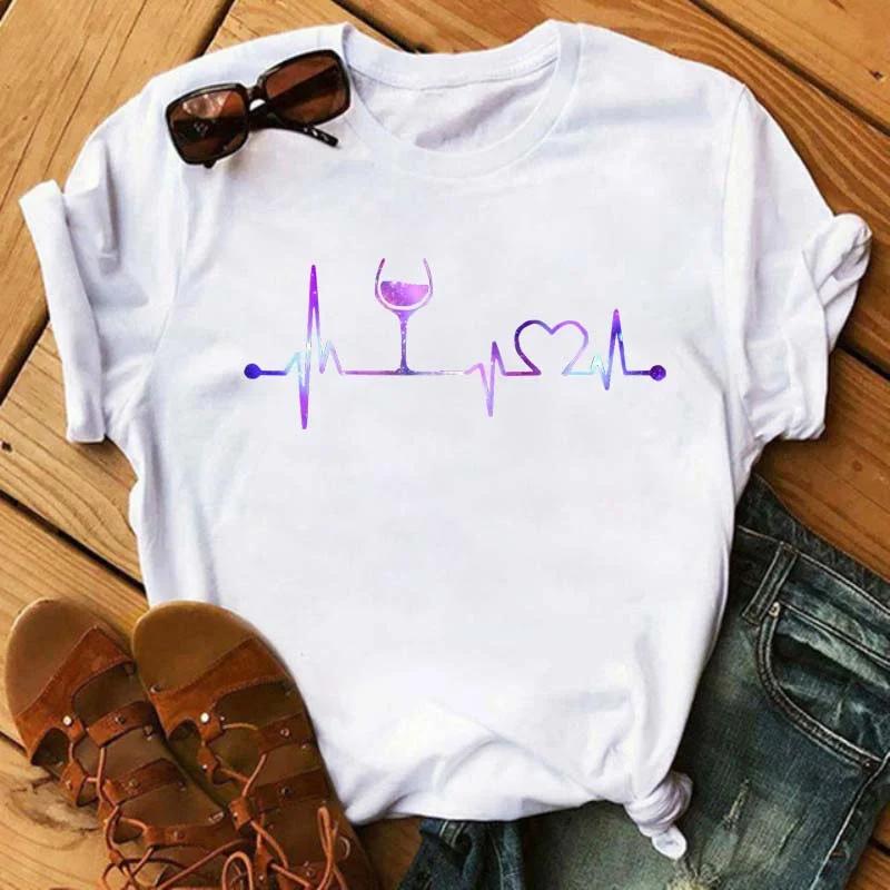 

Wine Glasses Printed Tshirts Women Summer Short-sleeve Wine Glass Funny Casual T Shirts Female Black Tops Woman Clothing 4XL