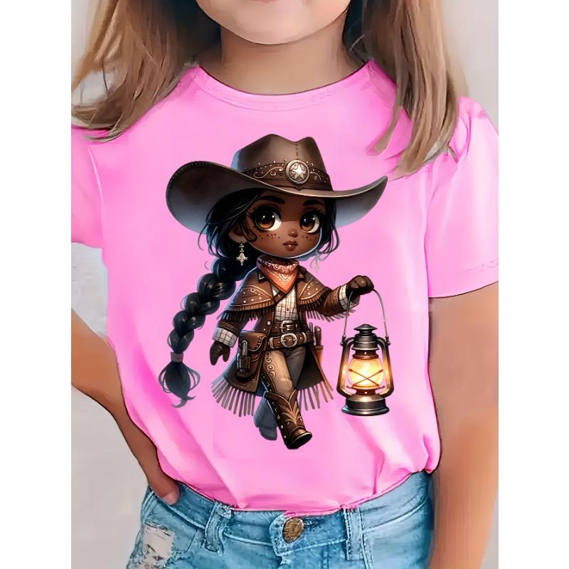 

European sizes [Vibrant Print] Adorable Cowgirl Graphic Tee for Girls – Pink, Loose Fit, Short Sleeve, Cotton, Perfect for Outdoor Play 98cm розовый