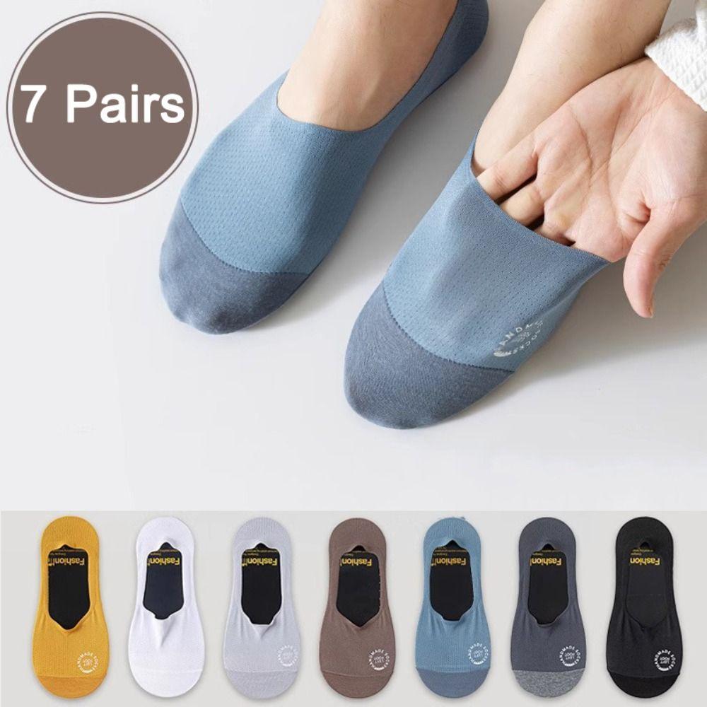 7Pairs Mesh Men's Invisible Short Socks Solid Color Summer Thin Socks Ice Silk Boat Socks  Male