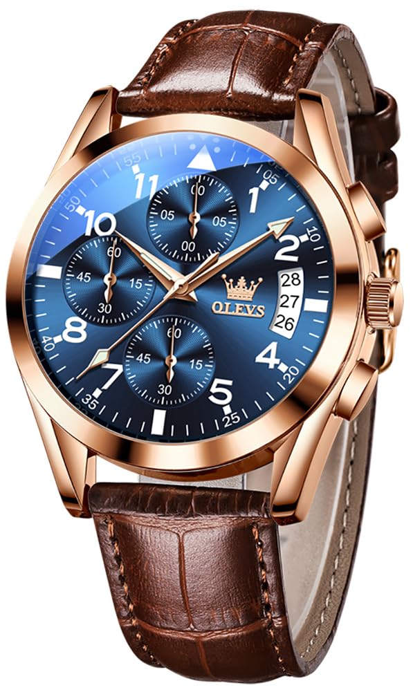 

OLEVS Легкие Водонепроницаемые Аналоговые Кварцевые Часы с Датой и Днем Синий Мужской Дисплей, Коричневый,