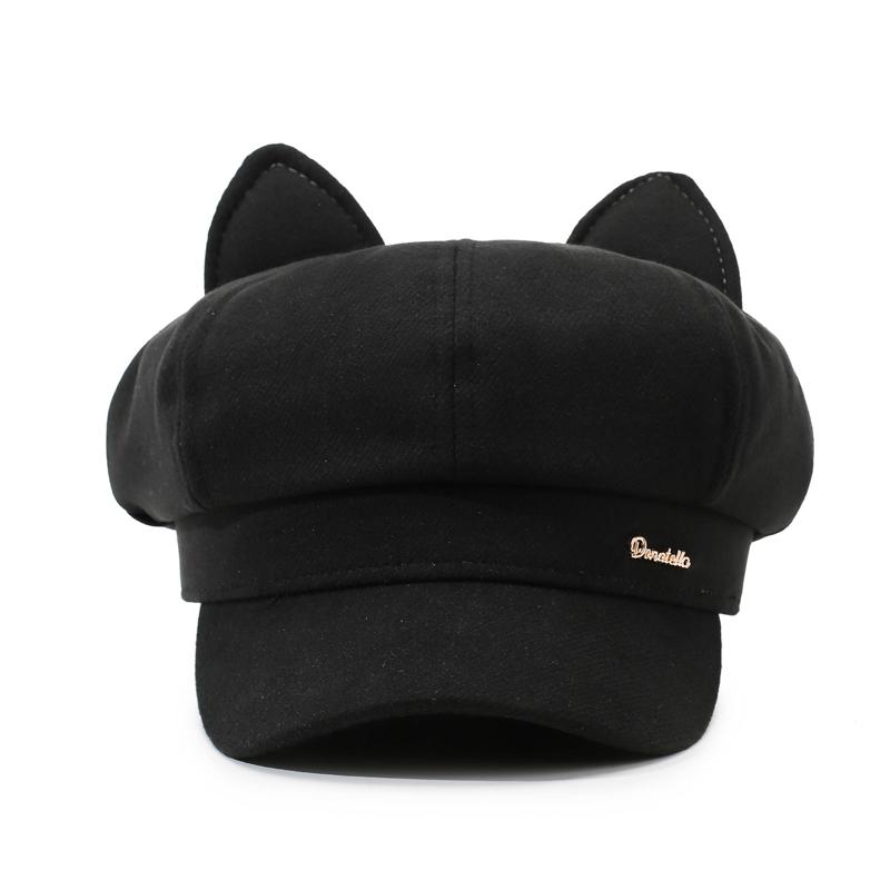 Ladies' Cute Cat Ear Retro Octagonal Beret - Fashionable, Versatile, Face-Flattering Artist Hat