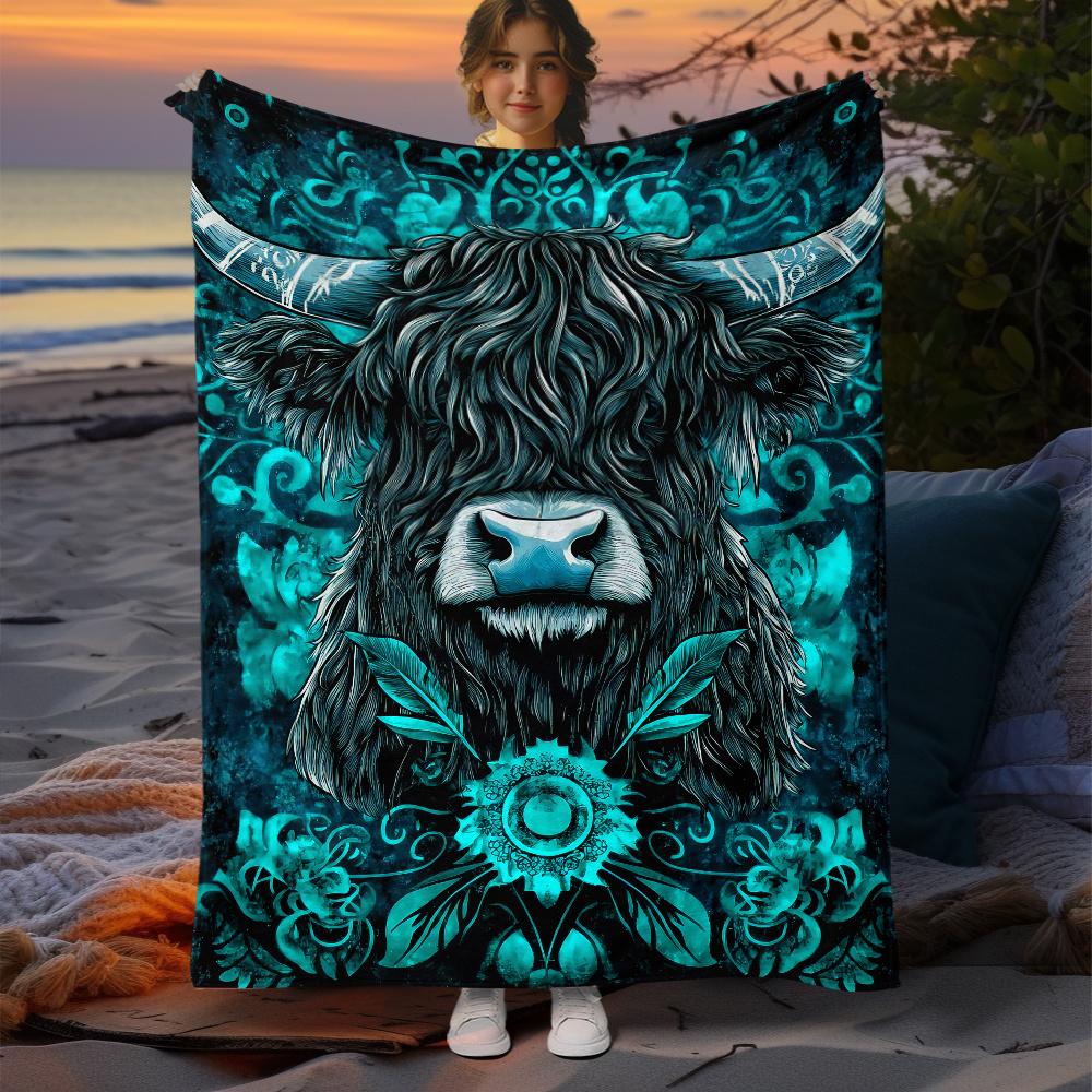 Individuelle Hochlandkuh-Decke Türkis-Blumenmuster Personalisierter Name Fleece-Überwurf Ganzjahres-Weich Warm Bettwäsche Heimdekoration