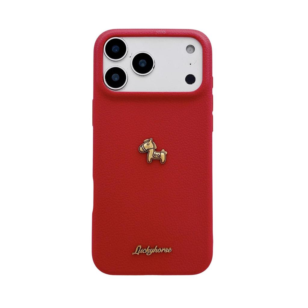 Apple iPhone 17 Promax Gold Little Horse Case, 16 Pro Leather Texture, 14 Soft Case, iPhone 15 Large Hole Cover