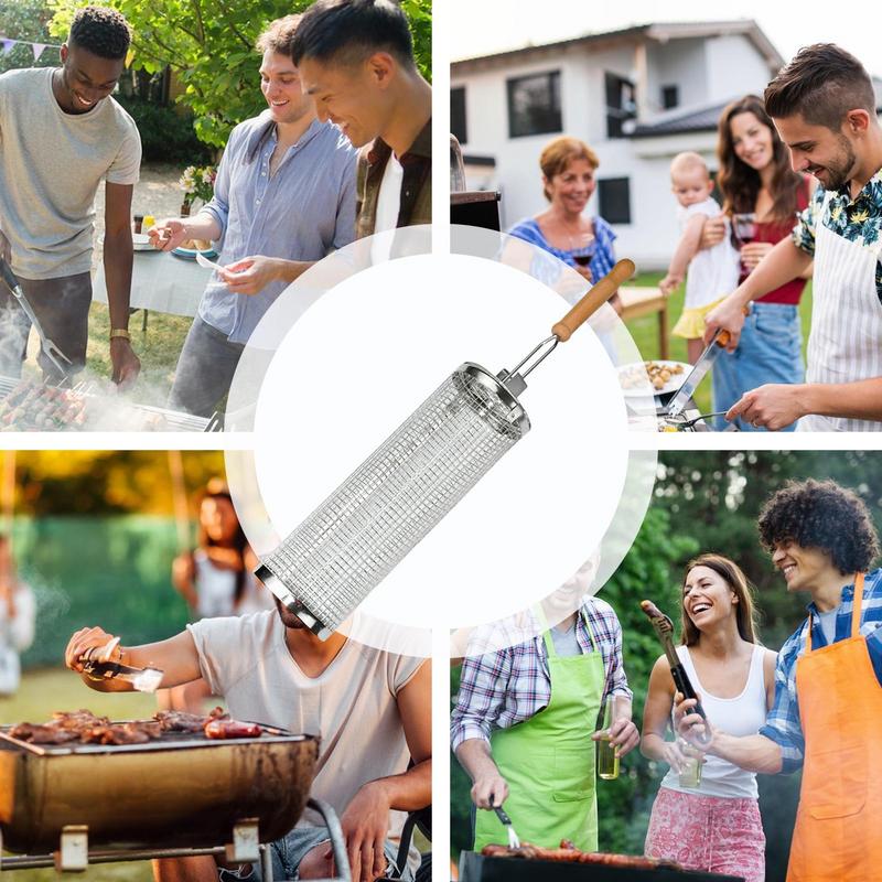 Rolling Grilling Baskets Grilling Net Tube BBQ Rolling Cage Round Mesh Barbecue Cylinder Cage Cooking Accessories for Meat