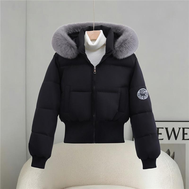 Simple Hooded Fur-neck Cotton-padded Clothes for Women's Short Short Men, Thickened Warm Waist Cotton-padded Clothes.