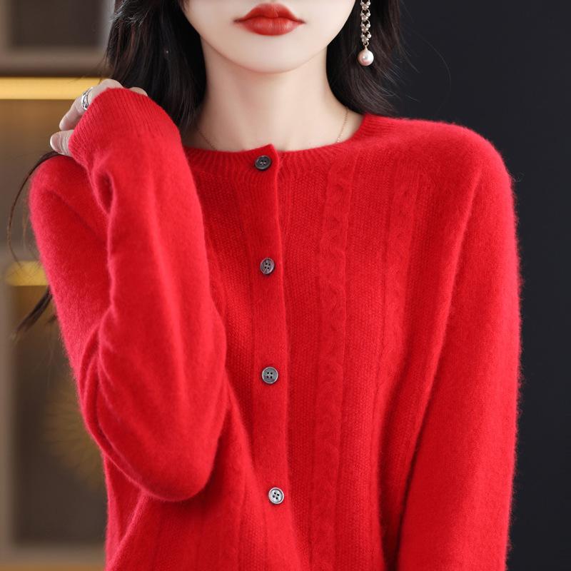 Women's Spring Cashmere Cardigan - Round Neck, Solid Color, Cable Knit, Loose Fit, 100% Pure Wool Sweater
