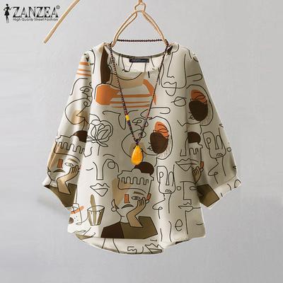 Womens Casual Round Neck 3/4 Sleeve Loose Print Blouse