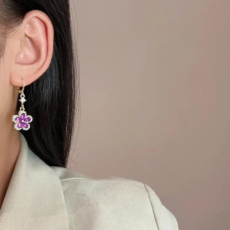 Exquisite Purple Zircon Flower Pendant Earrings For Women Fashionable Personalized Daily Accessory Party Jewelry Birthday Gifts