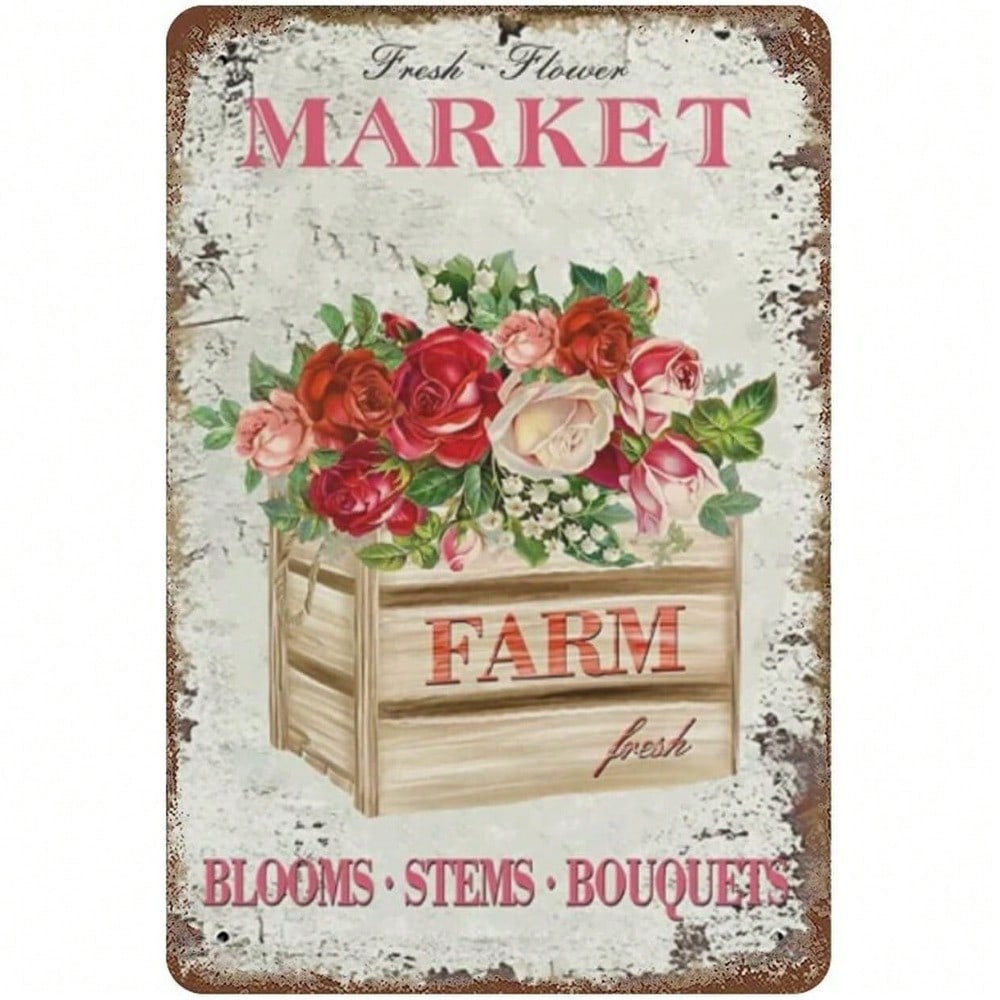 Farmhouse Rose Metal Wall Decor Vintage Flower Sign Rustic Garden Tin Art 20x30