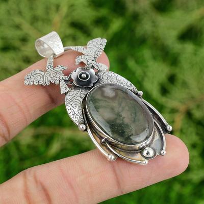 925 Sterling Silver Oval Solar Moss Agate Stone Engagement Wife Pendant Jewelry