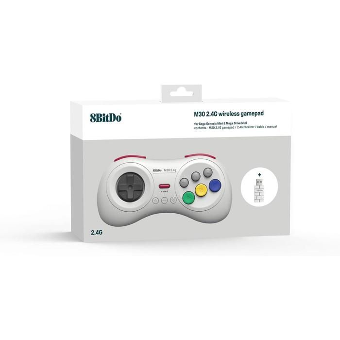 8bitdo Manette sans fils 8 boutons, couleur Blanche/White compatible sur Switch, Sega Genesis mini &amp; Mega Drive mini