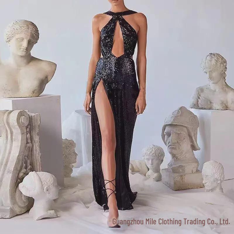 

Вечернее платье с бретельками через шею 2024 года с асимметричным бисером — сексуальная одежда для вечеринок на весну/лето для женщин XL чёрный