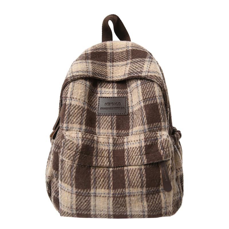 Шерстяной клетчатый студенческий школьный рюкзак большой вместимости для путешествий Large кофейный/бежевый
