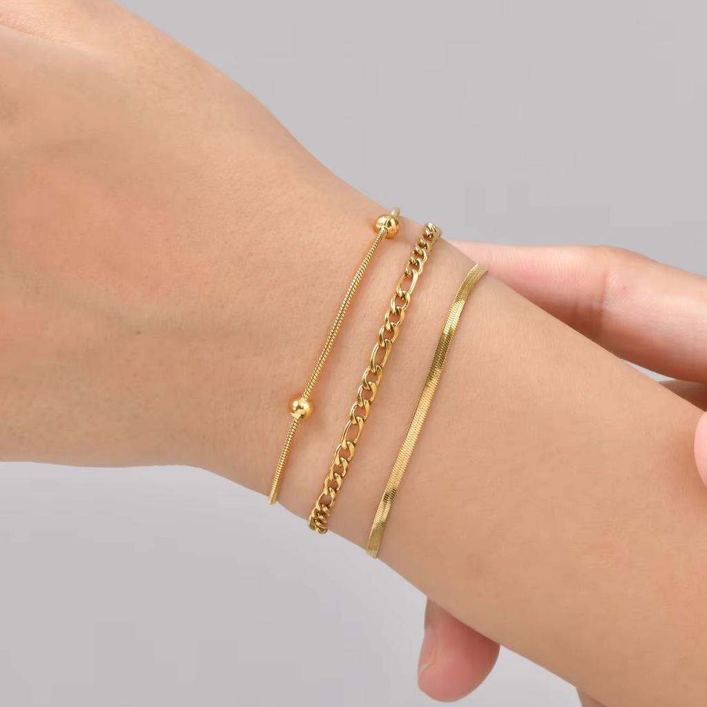 3pcs Set Simple Stainless Steel Bracelet for Women, Adjustable Gold Plated Thin Chain Bracelets, Fashion Stackable Jewelry Set