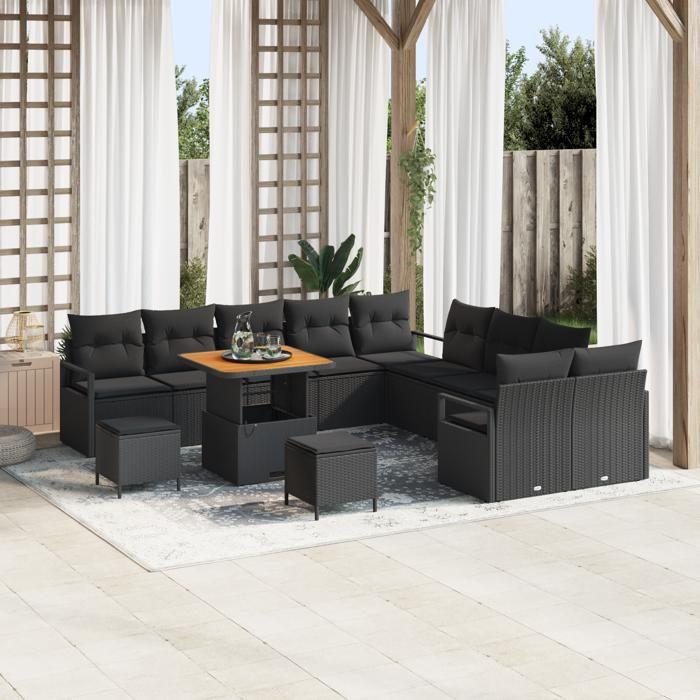 Ensemble de canapés de jardin de 13 pièces avec coussins Noir Poly Rattan Acacia, Canapé de jardin deux places avec coussins 3362579