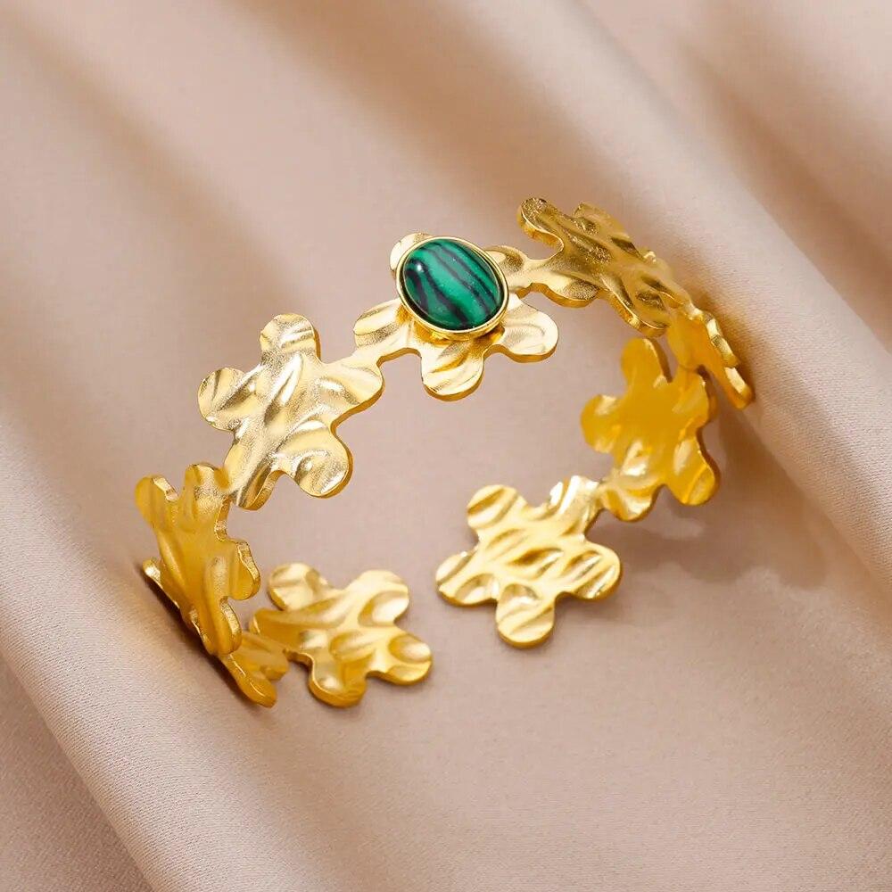 Artificial Green Stone Stainless Steel Cuff Bracelet for Women Gold Color Bangle Bracelets Female Vintage Jewelry Accessories