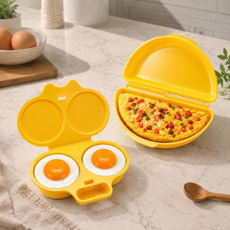 Microwave Eggs Cooker Set with Two-Well Poaching Tray, Lidded Eggs Maker, and Polypropylene Molded Construction for Eggs Dishes