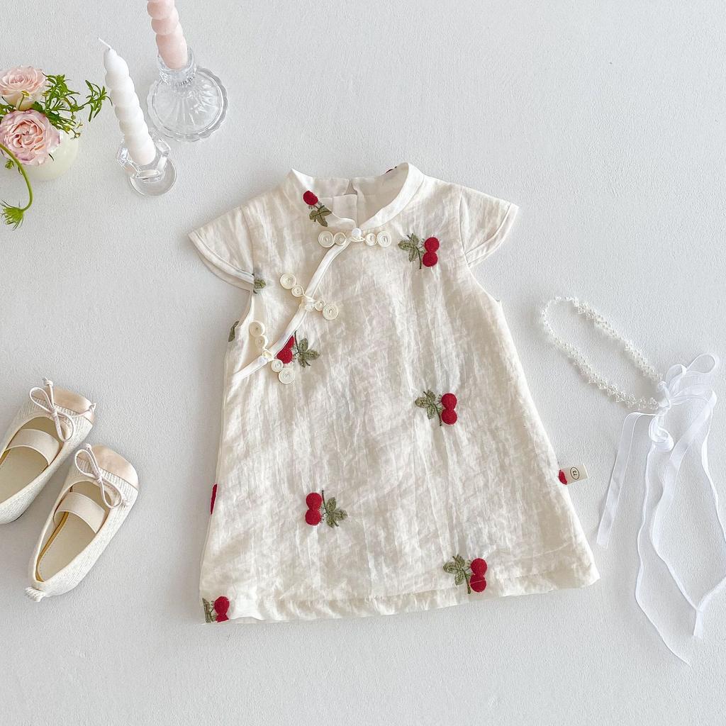 Girls Cherry Cheongsam Dress Summer Chinese Style Cross Collar Princess Dress Fashion Outfit for Kids