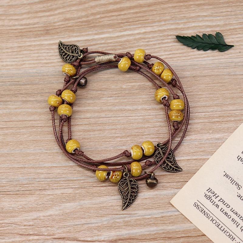 Vintage Bohemian Ceramic Bracelet Girl Sweet Bell Leaf Versatile Waist Chain Multi-circle Bracelet Jewelry