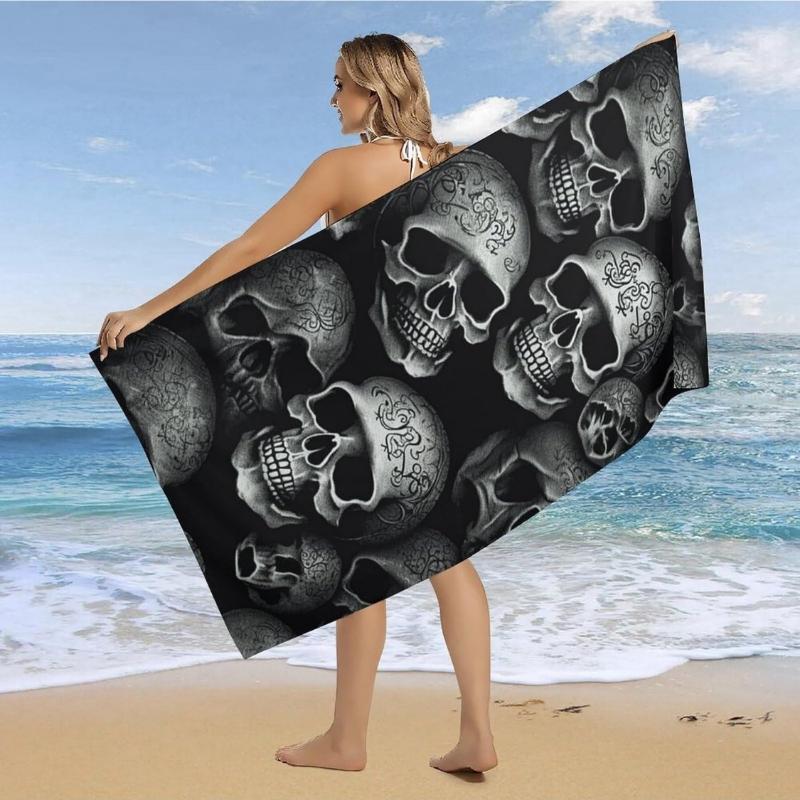 Schwarzes Totenkopf Strandtuch Übergroß Saugfähige Handtücher Schnelltrocknend Poolhandtuch Leichte Badetücher Sandfeste Stranddecke für Fitnessstudio