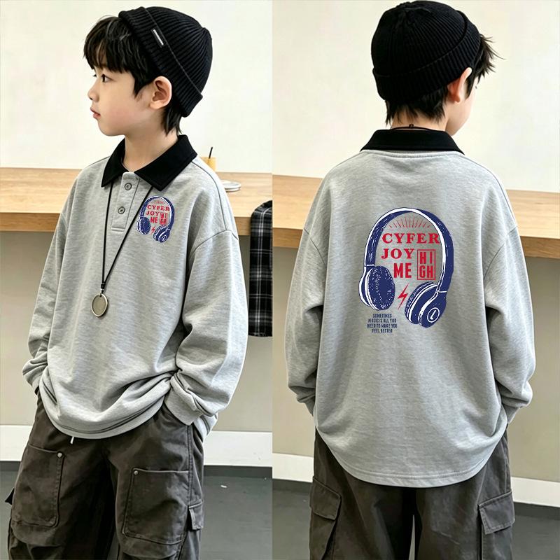 Color Block Korean Style Boys' Long Sleeve Polo Shirt - Patchwork Lapel T-shirt for Spring & Autumn (Ages 6-12)