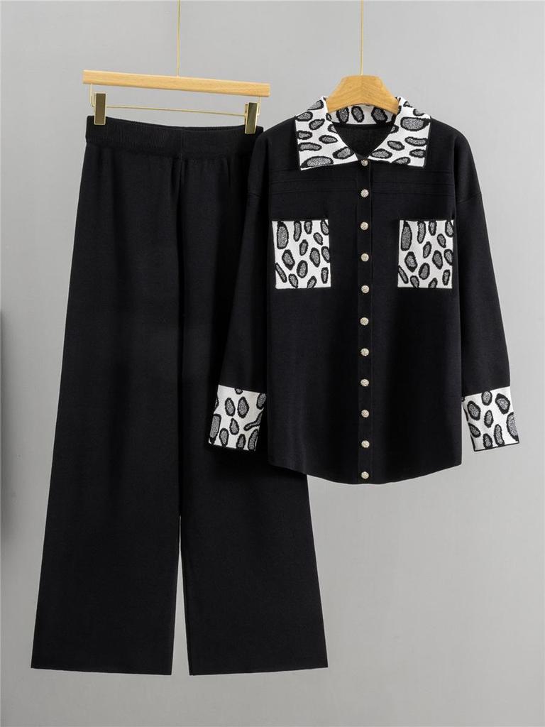 Women's Cross-Border Casual Knit Wide-Leg Pants & Polo Collar Cardigan Sweater Set for Spring/Autumn