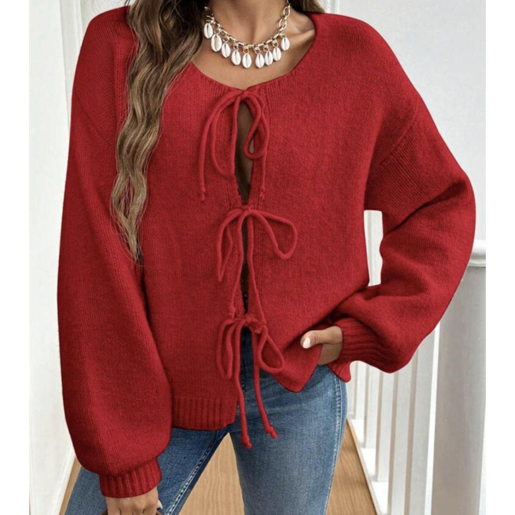 Autumn and Winter Women's Clothing, Casual, Loose Fitting, Cardigan, Tie Up, Solid Color Sweater
