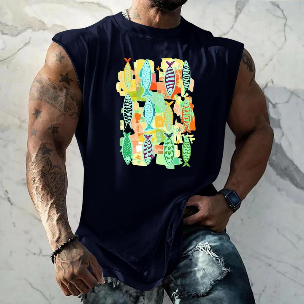 Men's Sleeveless Tank Top Loose Fit Vintage Texture Breathable Muscle Shirt Summer Streetwear Casual Daily Wear Printed Vest