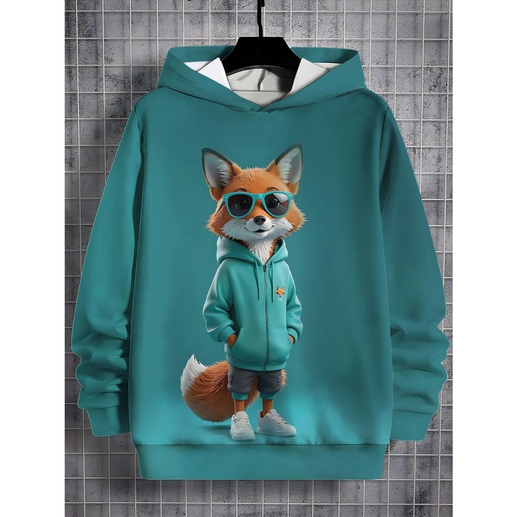 Boys' Hoodie - Green and Green Cool Fox with Fashion Glasses Pattern - Lightweight Daily and Formal Dress Up Hoodie