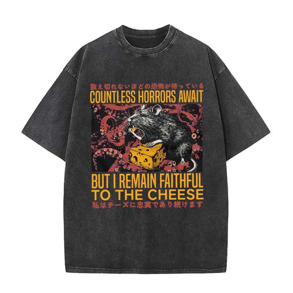 Talloze Gruwelen Wachten Maar Ik Blijf Trouw Aan De Kaas T-shirt Grappig Japanse Stijl Muis Rat Retro Gewassen T-shirt Unisex