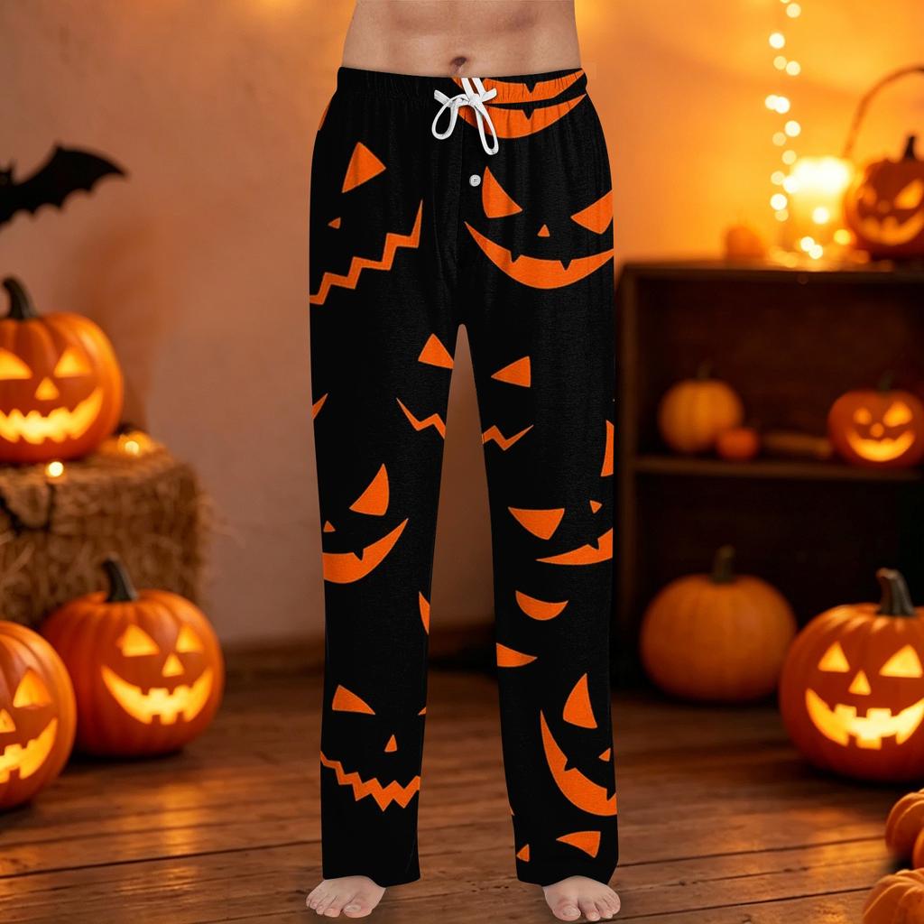 Mens Halloween Printed Drawstring Lounge Pants Casual Relaxed Fit Sleepwear Trousers with Pumpkin Pattern Design