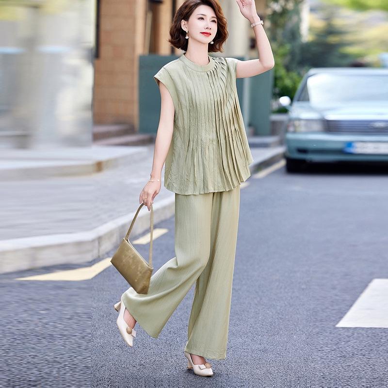 Chic Chiffon Suit: Round Neck Top & Wide-Leg Pants for Women 2026