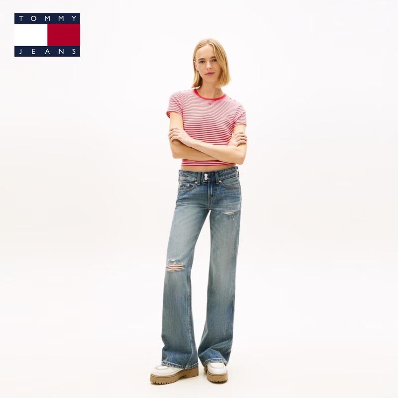 TOMMY JEANS Women's Striped Ribbed Slim-Fit Short Sleeve T-Shirt