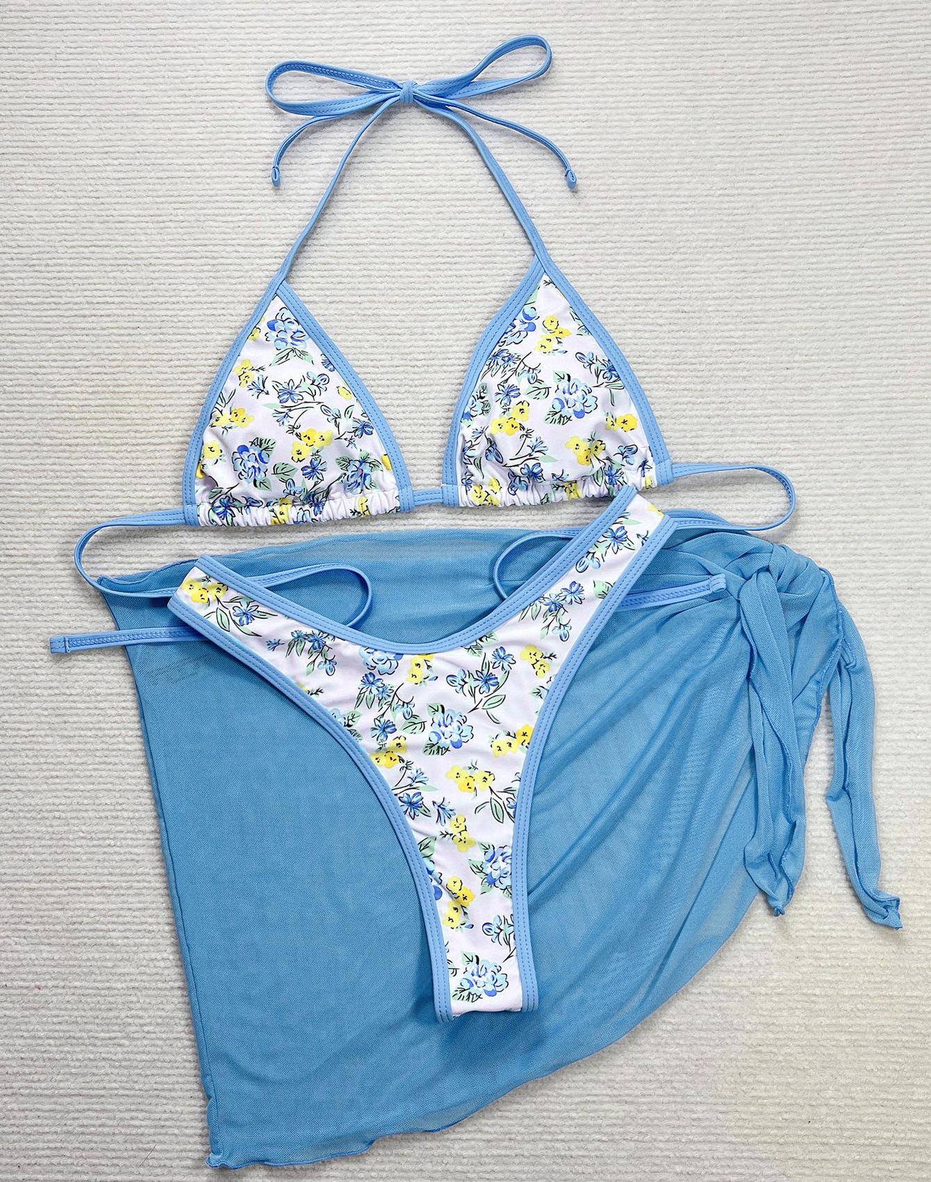 

Женские купальники Сексуальные принтованные молотки сзади Завязывающиеся на завязке Высокая талия Комплект бикини из трех частей Пляжная одежда Купальные костюмы M синий