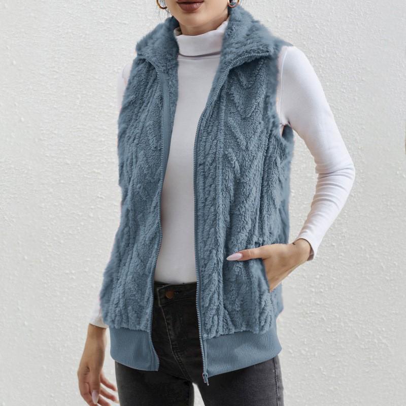 Women autumn solid Plush Cardigan Vest Casual Zipper Lapel Pocket Solid Color Warm Vest