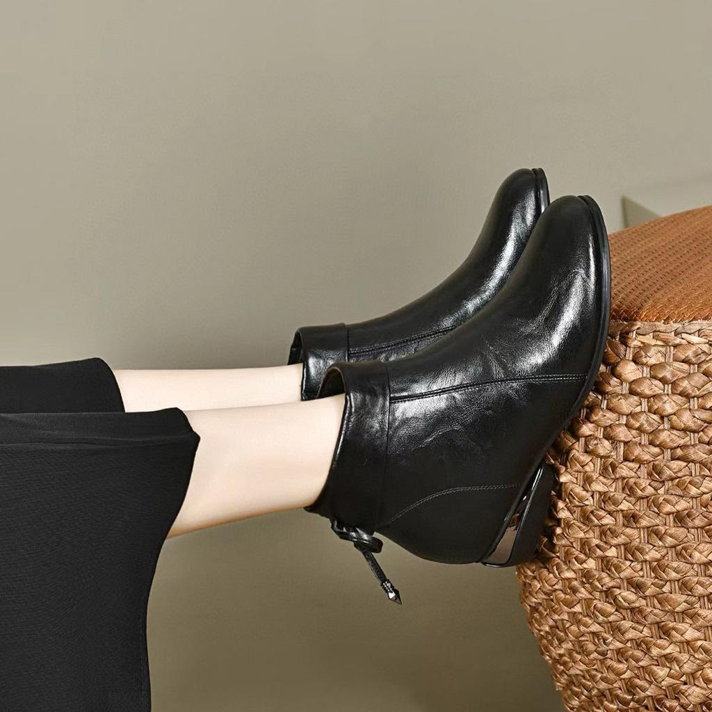 Short boots women's autumn and winter new round head bow low heel flat cotton boots casual women's boots cotton boots leather boots