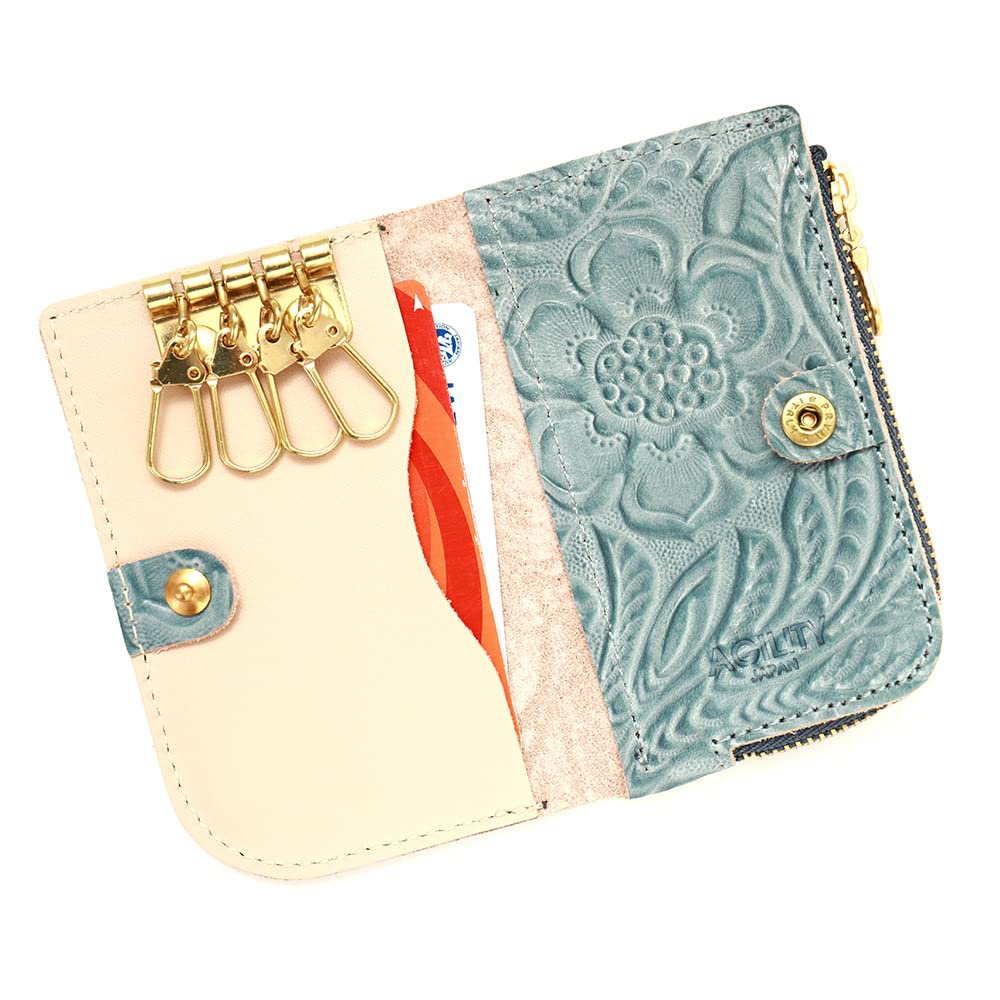 AGILITY Affa Key Case Coin Case Tiny Wallet Floral Pattern One Piece Ladies Mini Small L Shape Leather "Bell"