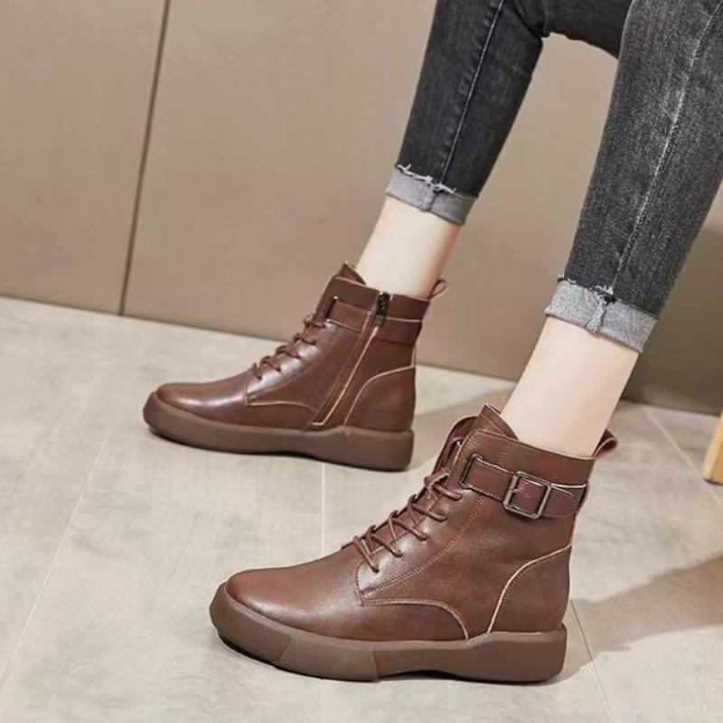European and American Retro Short Sleeved Women's Boots  Autumn New Lace Up Belt Buckle Thick Sole Short Boots  Mujer