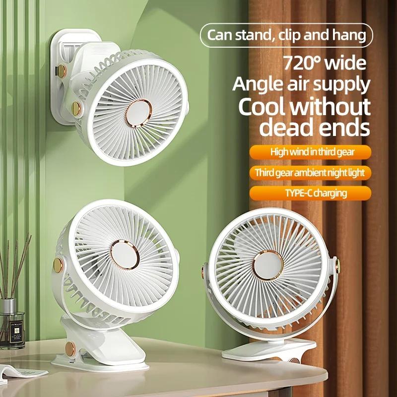 Ventilatore da campeggio da 8000 mAh Circolatore d'aria portatile da tavolo ricaricabile Ventilatore elettrico da soffitto senza fili con ventilatore domestico a clip con luce a LED