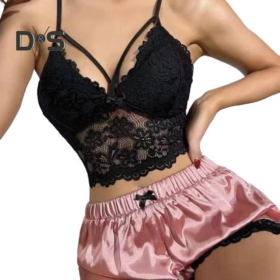 

2 шт./комплект женский пижамный комплект ажурный кружевной V-образный вырез без рукавов укороченный топ с высокой талией атласные шорты домашний отпуск День святого Валентина годовщина L розовый