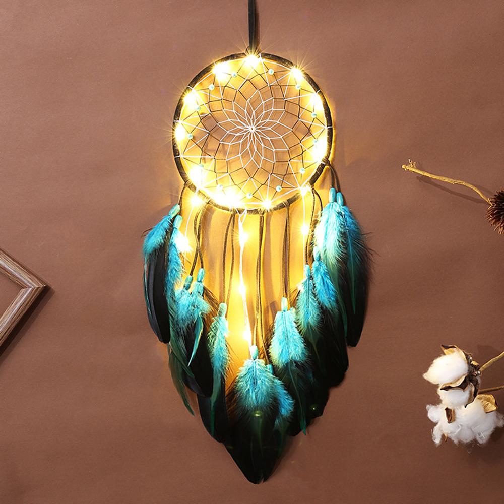 

Blue Feather Dream Catcher Hanging Decor Wind Chime Home Wall Ornament with LED Light Strip A