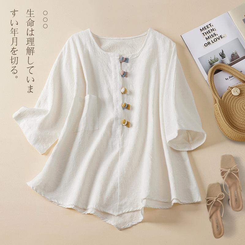 Women S Retro Cotton Linen Three Quarter Sleeve Irregular T Shirt Summer M белый