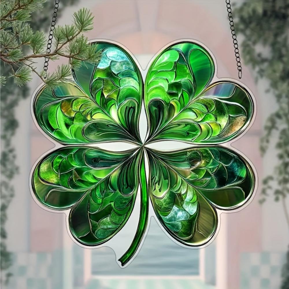 2D plochý tisk smaragdový čtyřlístek přívěsek, lapač slunce, okenní závěsná dekorace, vhodný pro zahradu, verandu, ložnici, kancelář, domov a venkovní použití