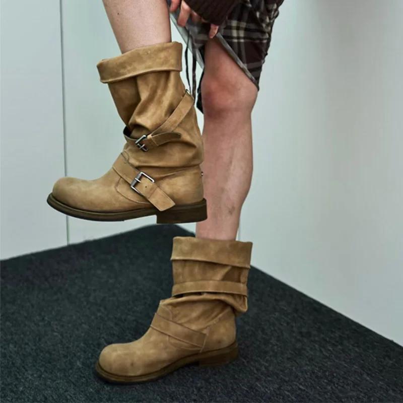 Mid Calf Women's Boots Flats Designer Knee High Leather Shoes  Winter Goth Trend Motorcycle Boots New Retro Mujer De Botas