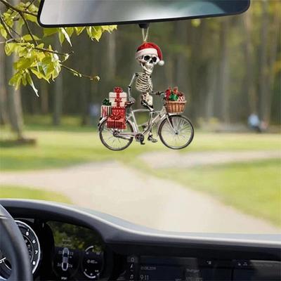 Christmas Skull Ornament Santa Hat Skeleton Riding Bicycle Acrylic Pendant Xmas Tree
